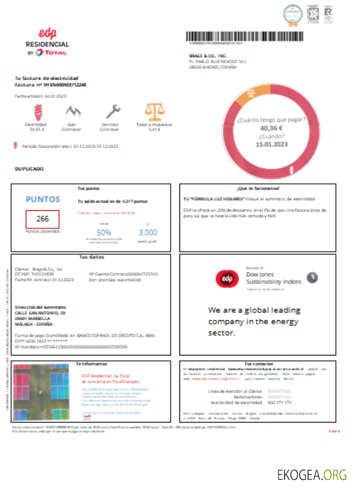Facture commerciale des services publics d'EDP Espagne, SCR